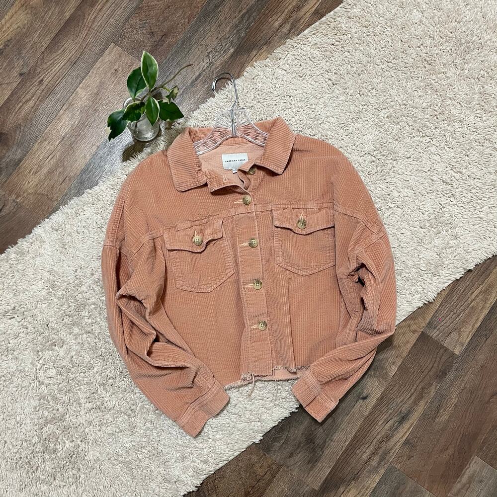 American Eagle Small Oversized Pink Corduroy Frayed Cropped Button Front Shacket